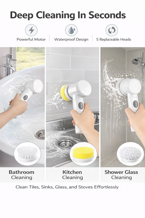 Cordless Electric Spin Scrubber – 5 Replaceable Brush Heads Deep Cleaning Tool